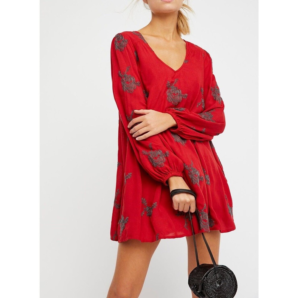 Free People Dress Women XS Red Austin Mini Embroidered Boho Lining Pullover - Picture 1 of 13